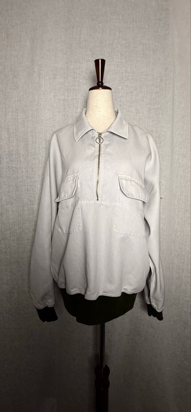 AYR The Sideliner Pullover Jacket Cotton Linen Half Zip Light Gray/Olive Trim
M